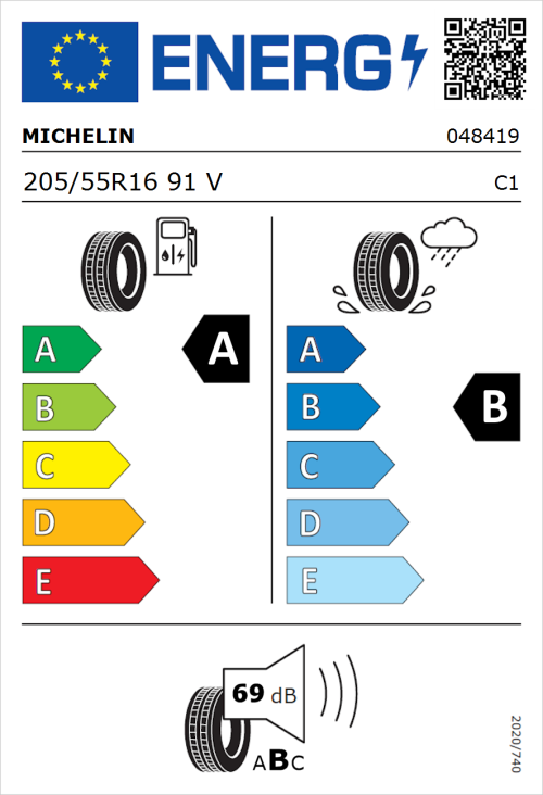 Tyre Label for Michelin e.primacy 205/55R16 91V