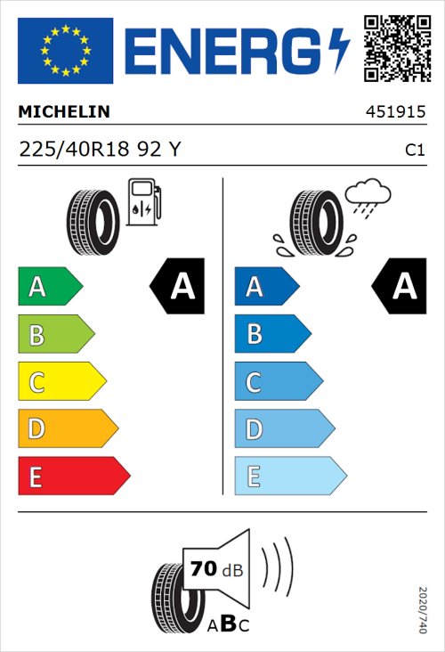 Tyre Label for Michelin e.primacy 225/40R18 92Y