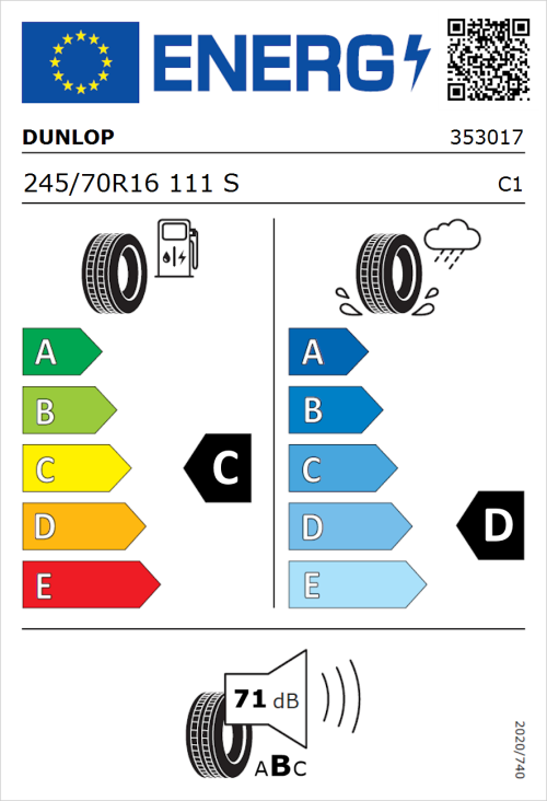 Tyre Label for Dunlop Grandtrek AT20 245/70R16 111S