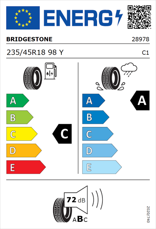 Tyre Label for Bridgestone Potenza Sport Evo 235/45R18 98Y
