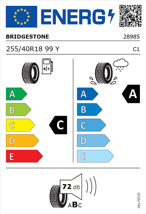Tyre Label for Bridgestone Potenza Sport Evo 255/40R18 99Y