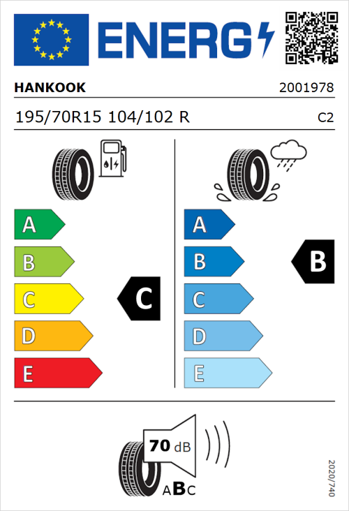 Tyre Label for Hankook Vantra LT RA18 195/70R15 104/102R