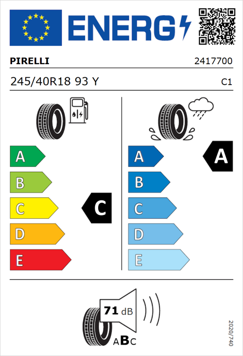 Tyre Label for Pirelli Cinturato P7 245/40R18 93Y