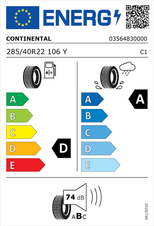 Tyre Label for Continental ContiSportContact 5 P 285/40R22 106Y